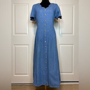 Vintage 80’s Jim Elliot Denim Chambray Scalloped Hem Button-Down Midi Dress